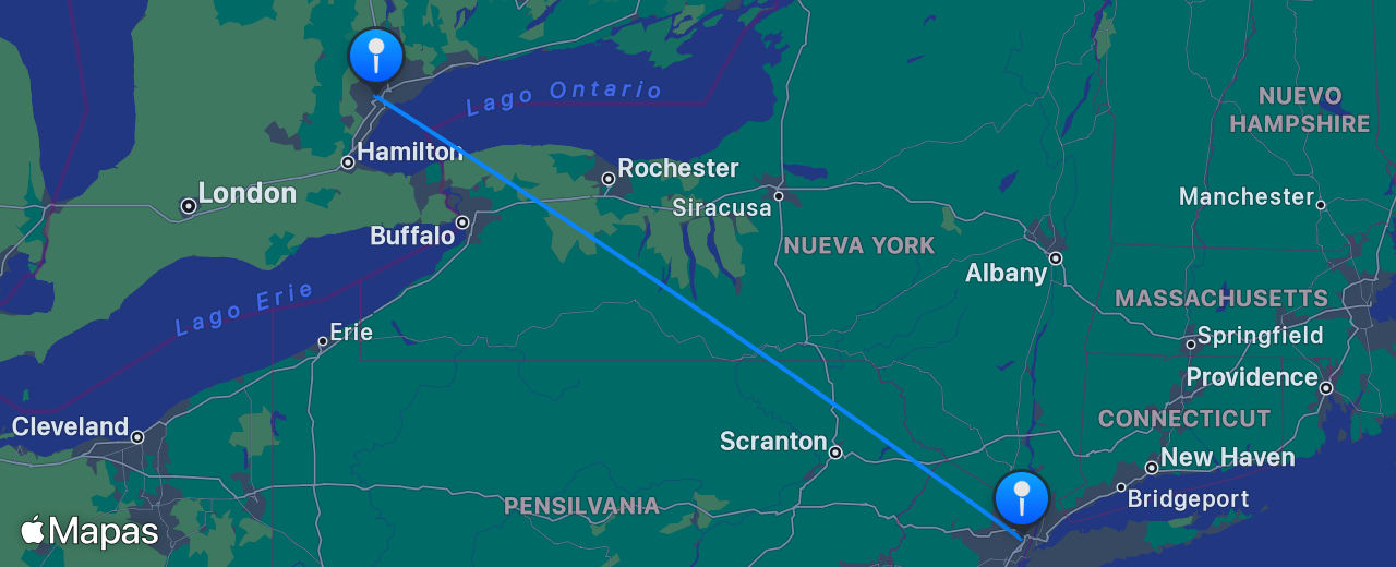 Mapa del vuelo de Nueva York a Toronto