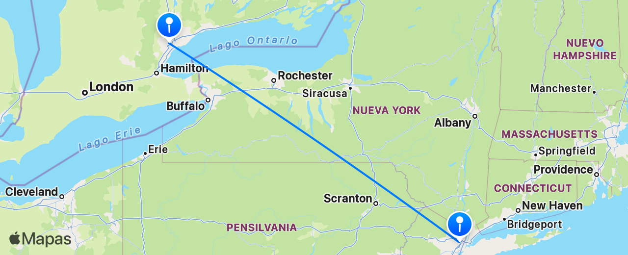 Mapa del vuelo de Nueva York a Toronto