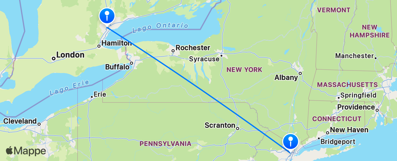 Mappa del volo da New York a Toronto