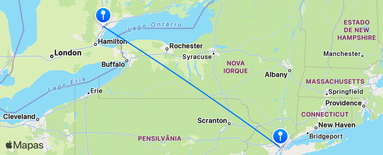 Mapa do voo de Toronto para Nova York