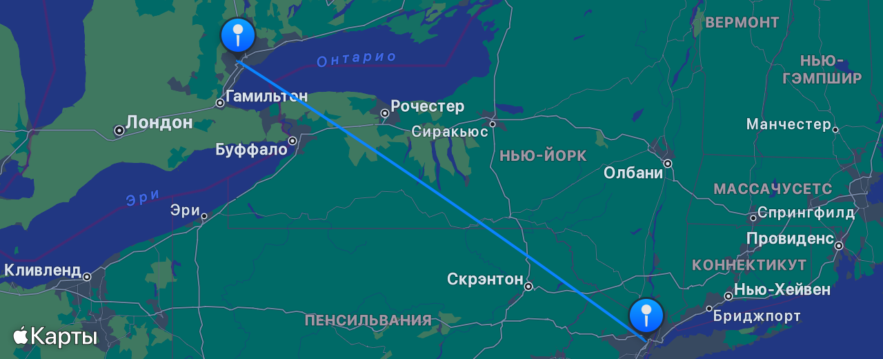 Карта перелёта Нью-Йорк — Торонто