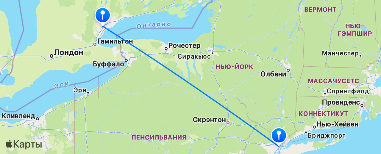 Карта перелёта Нью-Йорк — Торонто
