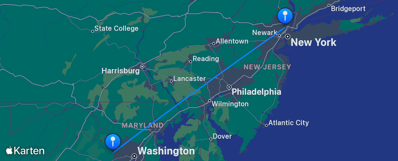 Karte des Flugs von New York nach Washington DC