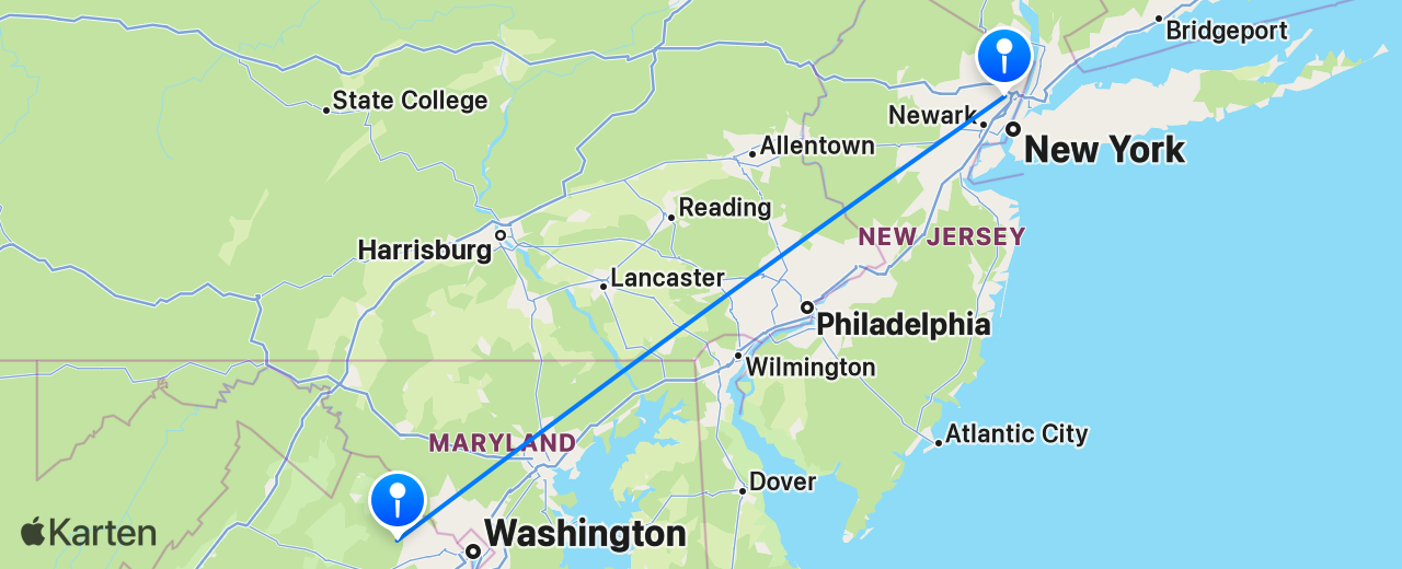 Karte des Flugs von New York nach Washington DC