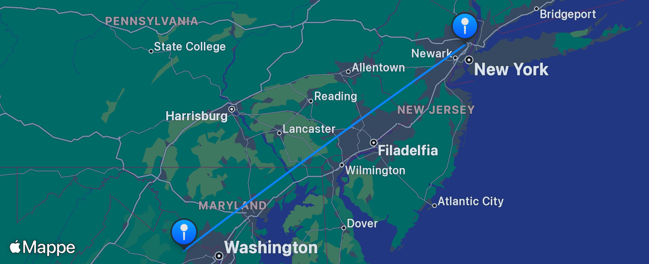 Mappa del volo da New York a Washington DC