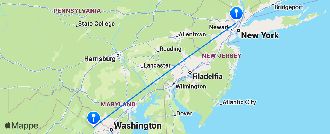 Mappa del volo da New York a Washington DC