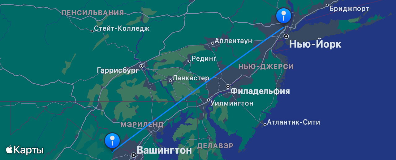 Карта перелёта Нью-Йорк — Вашингтон