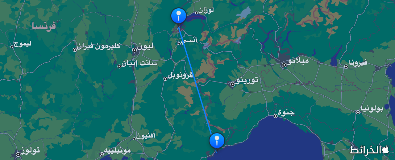 خريطة الرحلة من جنيف إلى نيس