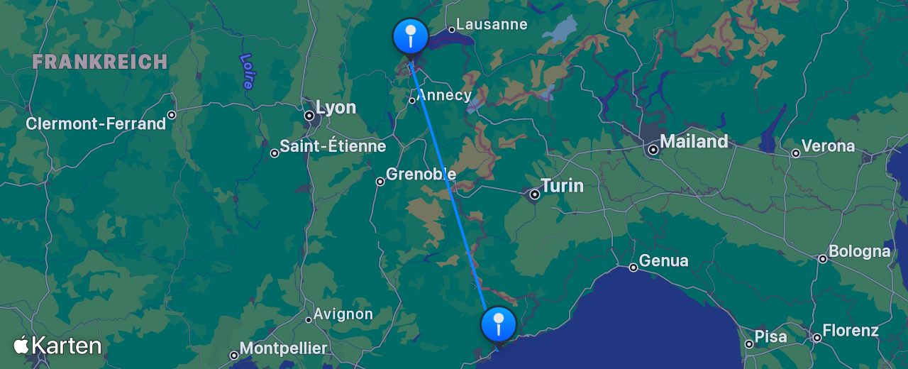 Karte des Flugs von Genf nach Nizza