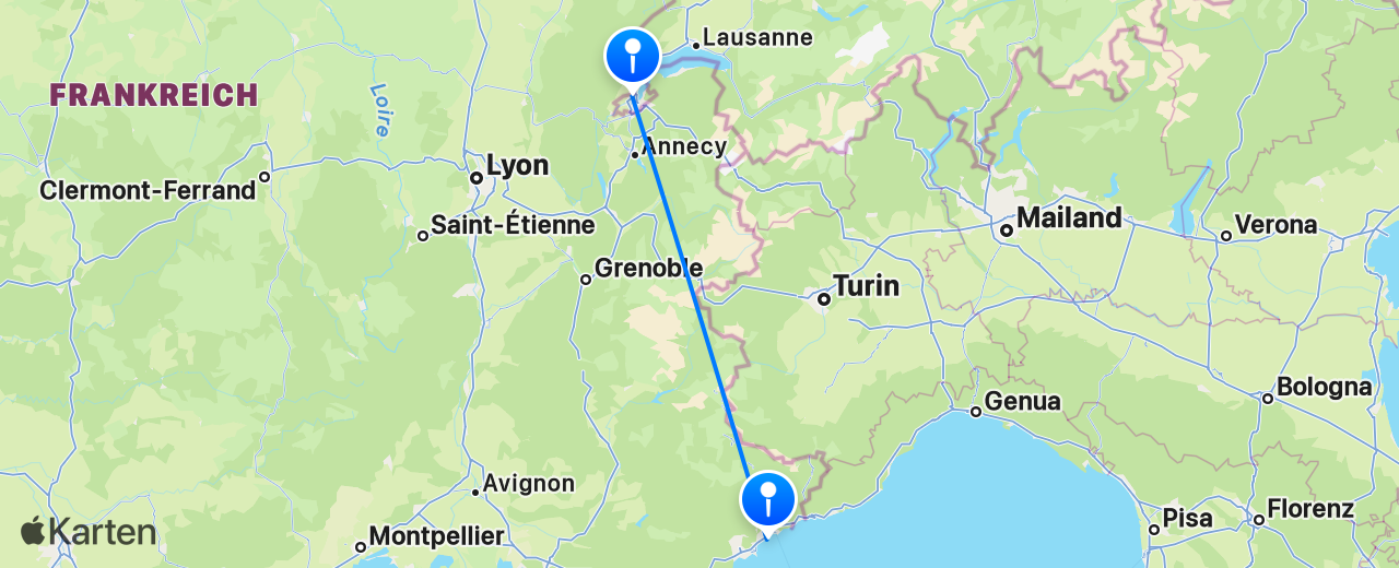 Karte des Flugs von Genf nach Nizza