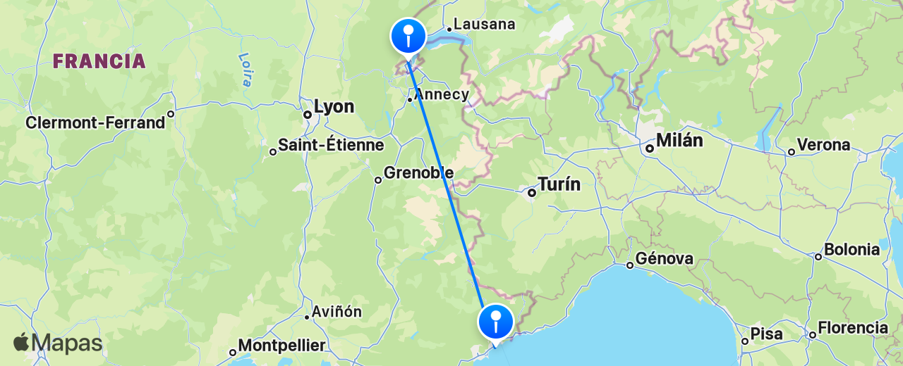 Mapa del vuelo de Ginebra a Niza
