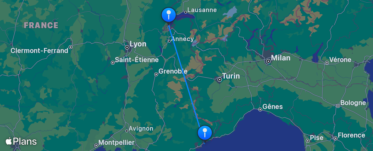 Carte du vol de Genève vers Nice