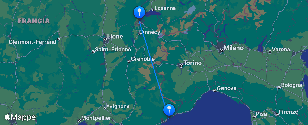 Mappa del volo da Ginevra a Nizza