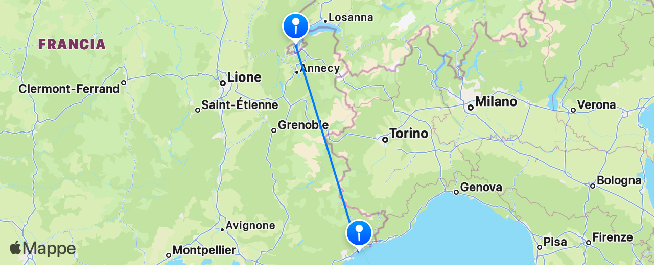 Mappa del volo da Ginevra a Nizza
