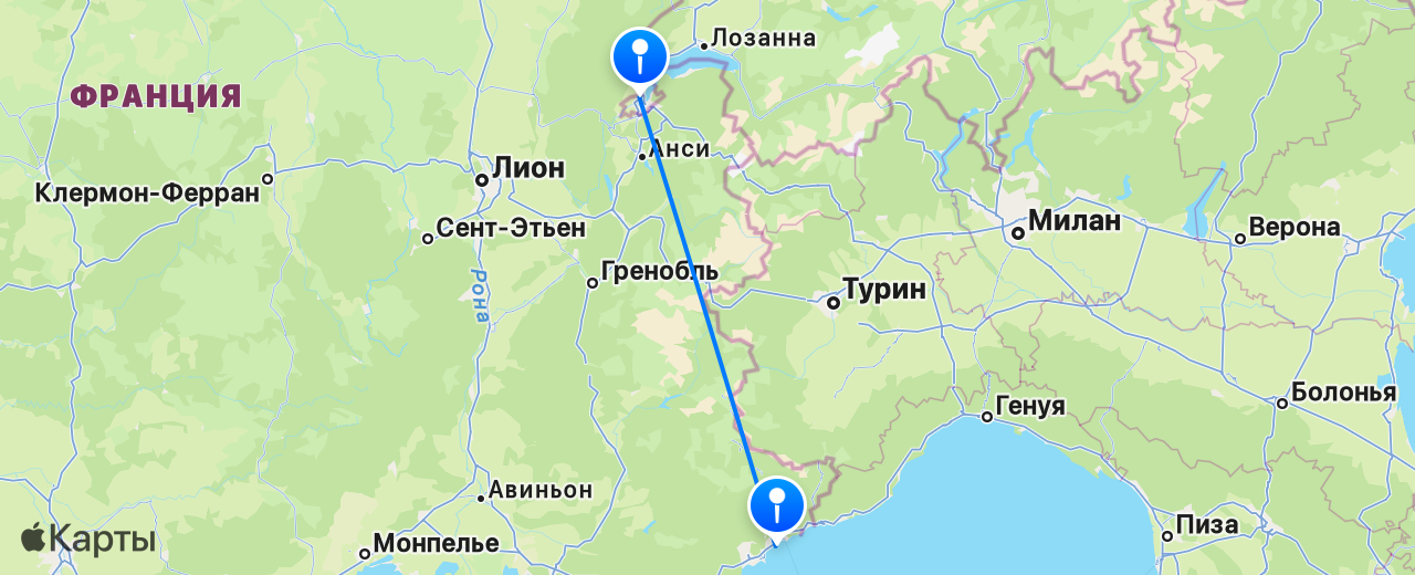Карта перелёта Женева — Ницца
