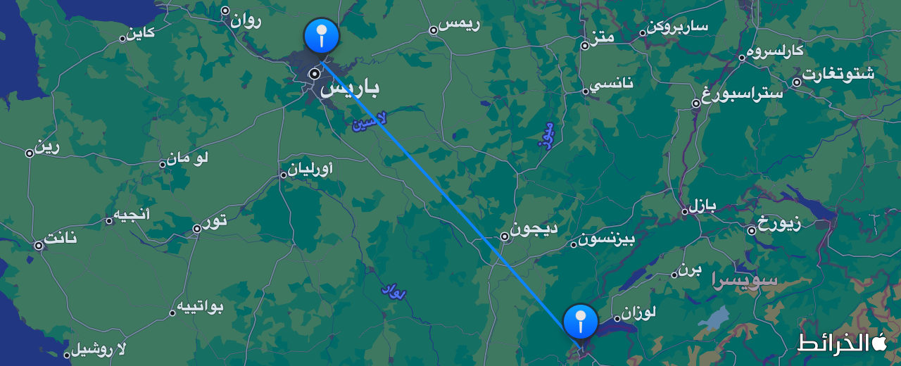 خريطة الرحلة من جنيف إلى باريس