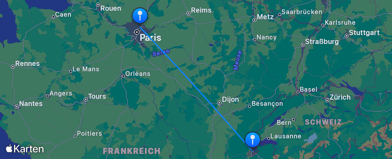 Karte des Flugs von Genf nach Paris