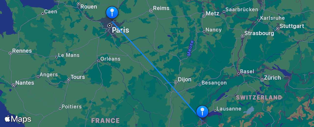 Map of the flight from Geneva to Paris
