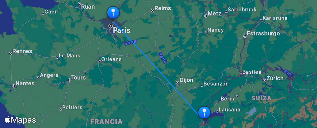 Mapa del vuelo de Ginebra a París