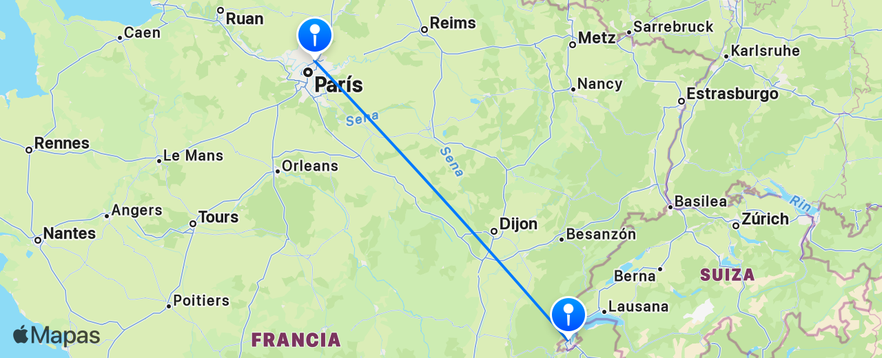 Mapa del vuelo de Ginebra a París