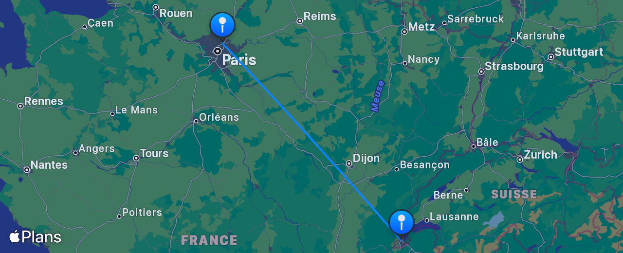 Carte du vol de Genève vers Paris