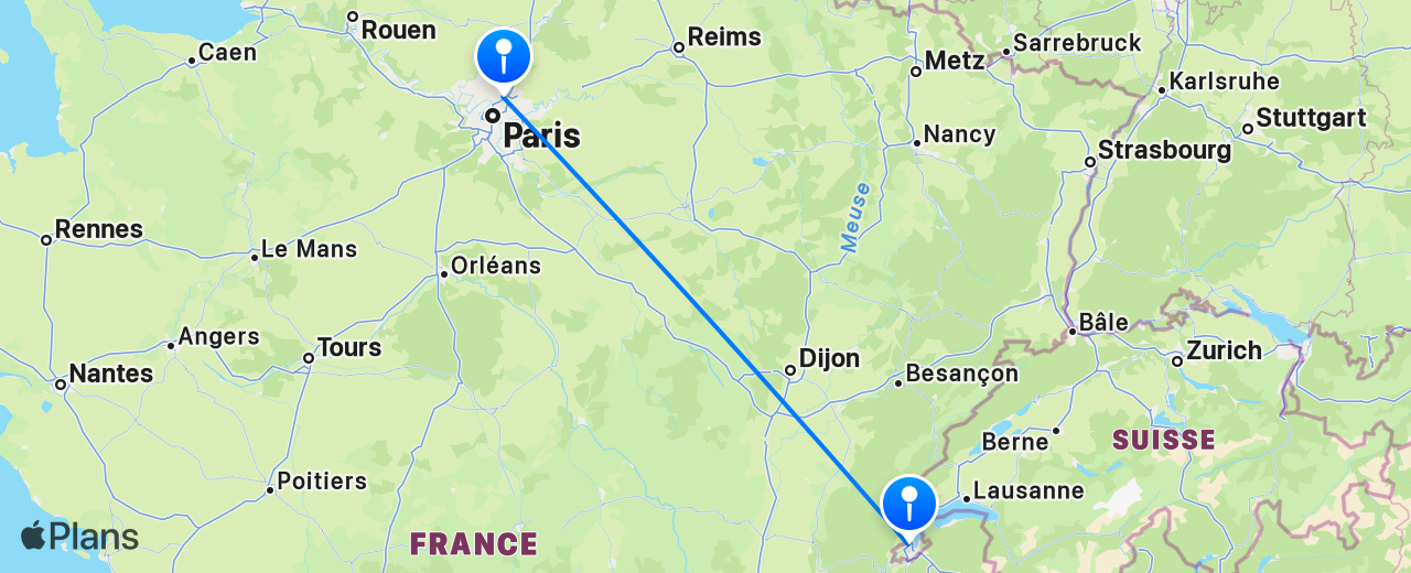 Carte du vol de Genève vers Paris