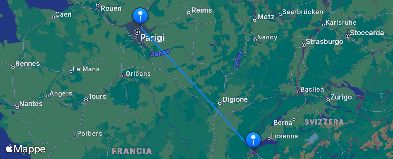 Mappa del volo da Ginevra a Parigi
