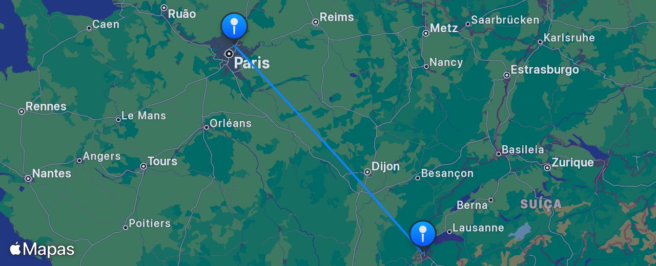 Mapa do voo de Paris para Genebra