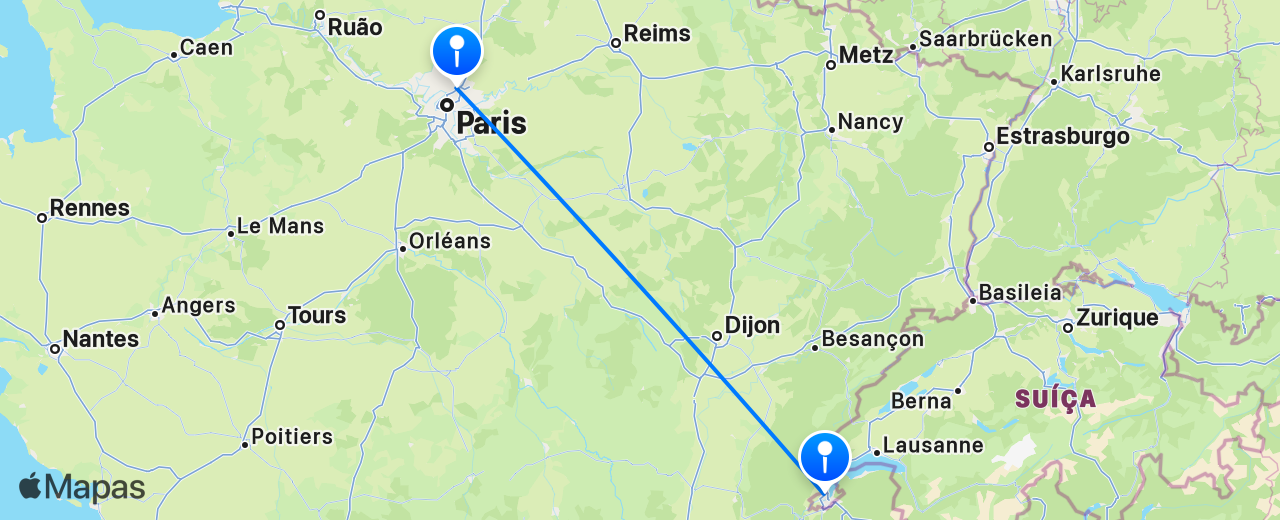 Mapa do voo de Paris para Genebra