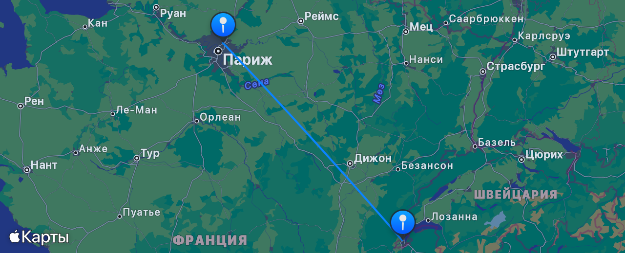Карта перелёта Женева — Париж