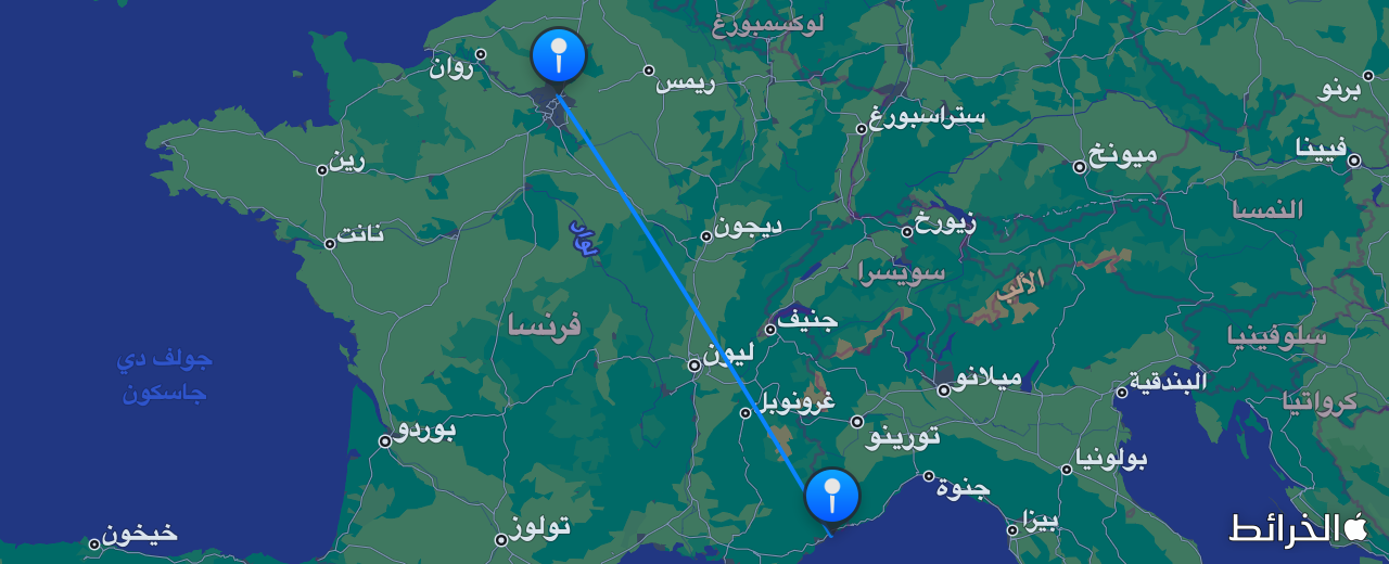 خريطة الرحلة من نيس إلى باريس