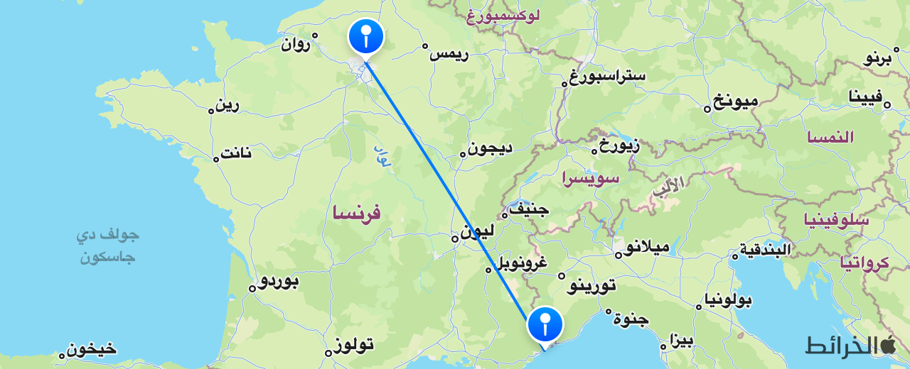خريطة الرحلة من نيس إلى باريس
