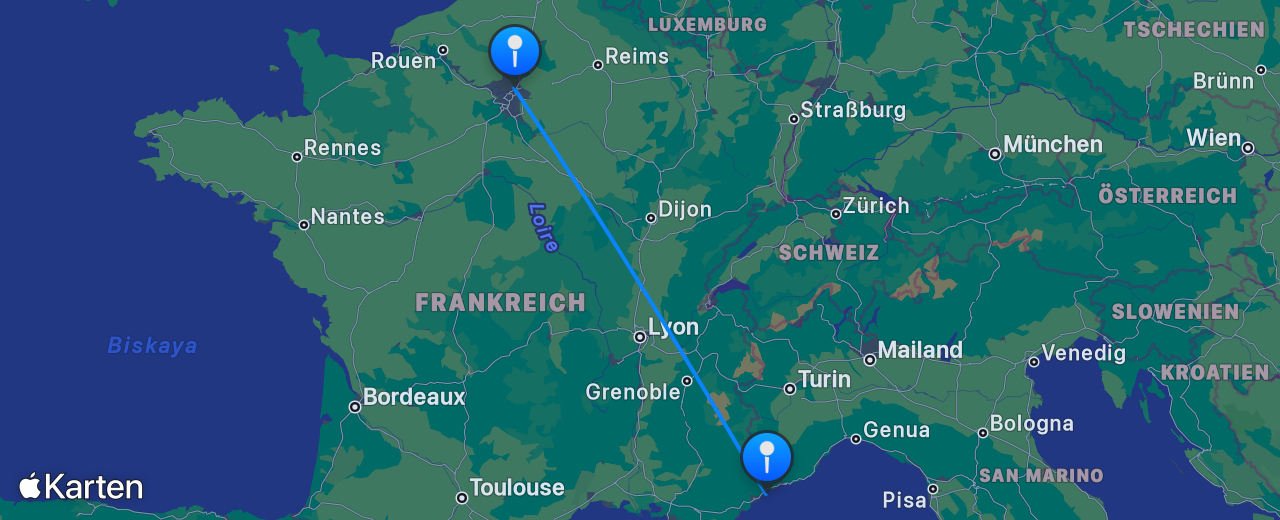 Karte des Flugs von Nizza nach Paris