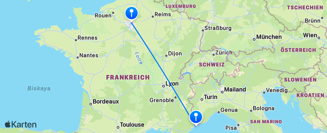 Karte des Flugs von Nizza nach Paris