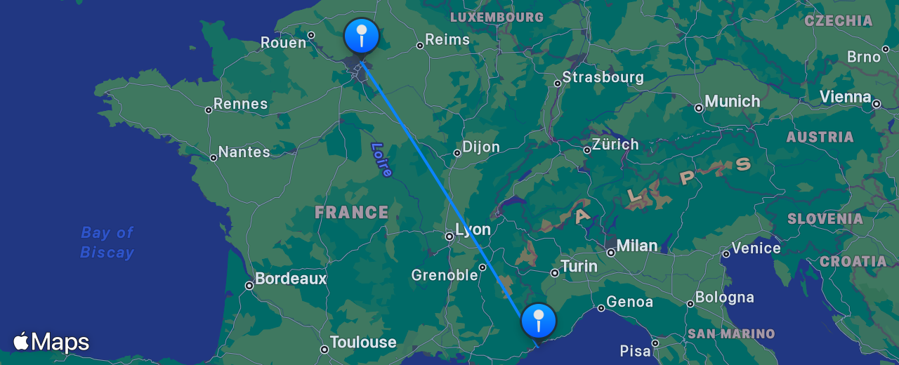 Map of the flight from Nice to Paris