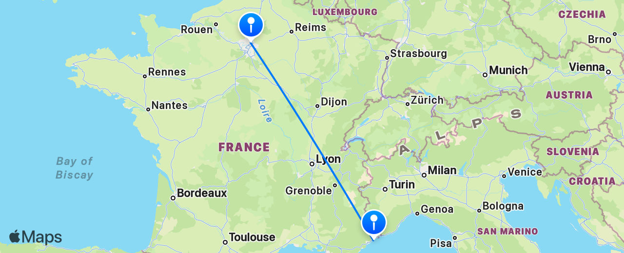Map of the flight from Paris to Nice