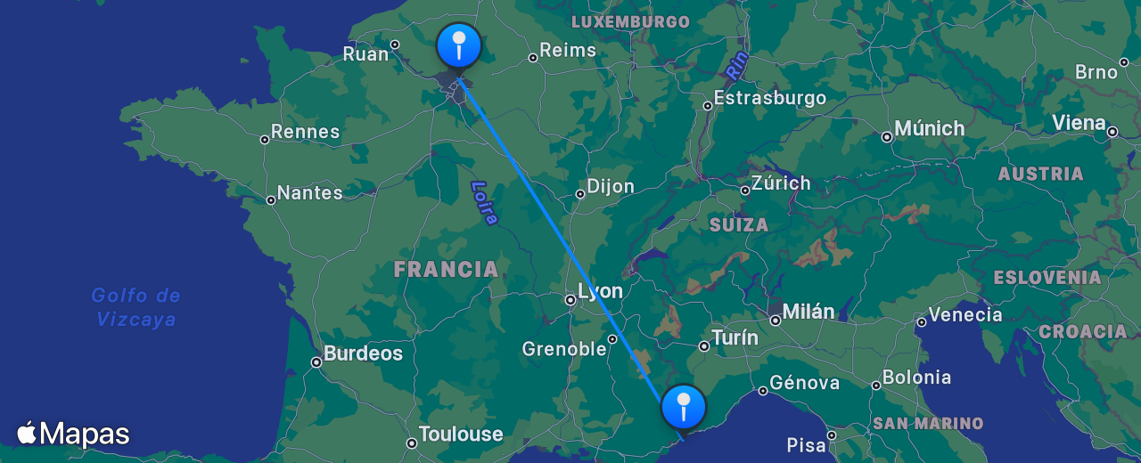 Mapa del vuelo de Niza a París