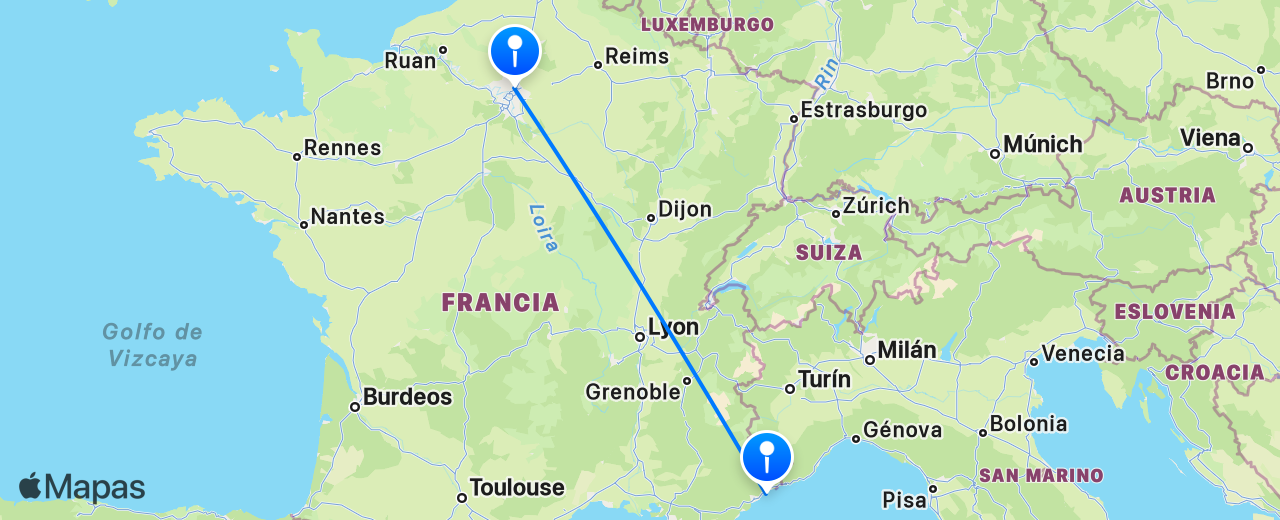 Mapa del vuelo de Niza a París