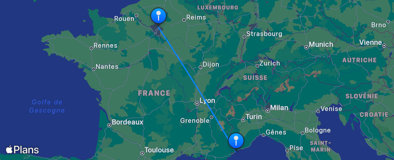 Carte du vol de Nice vers Paris