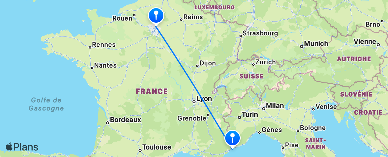 Carte du vol de Nice vers Paris