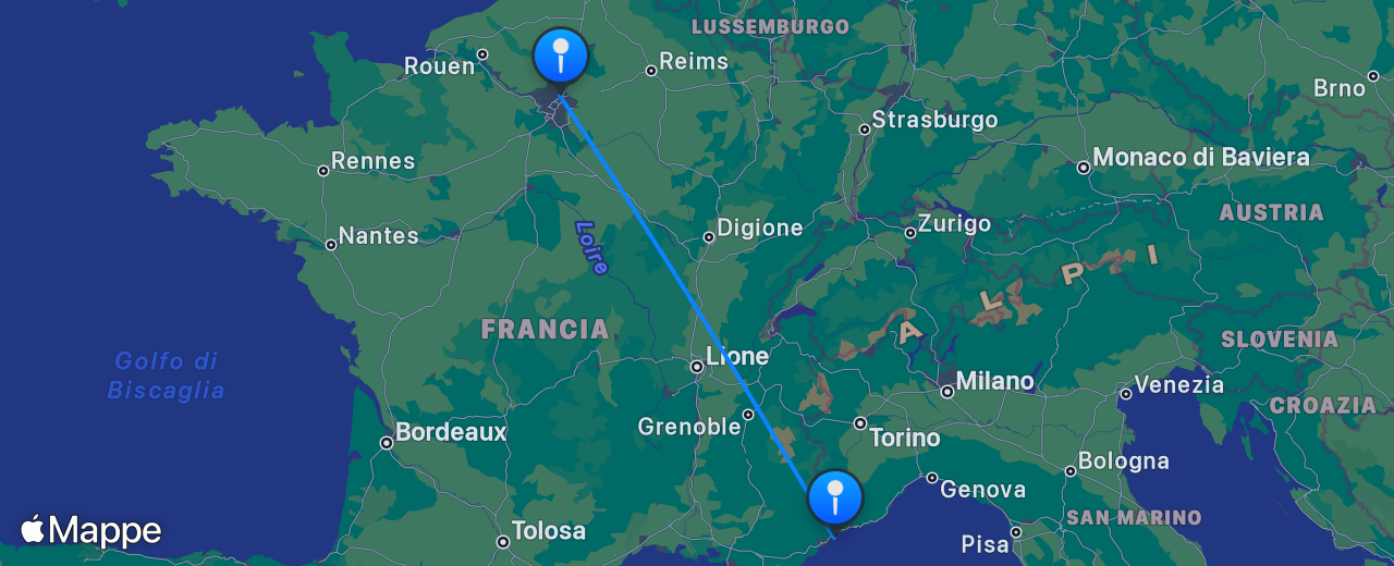 Mappa del volo da Nizza a Parigi