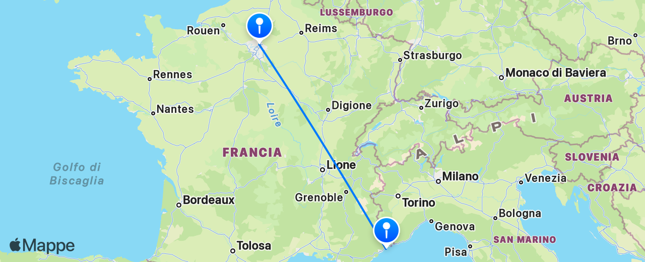 Mappa del volo da Nizza a Parigi