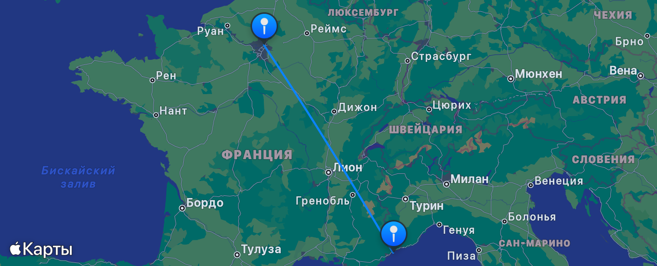 Карта перелёта Париж — Ницца