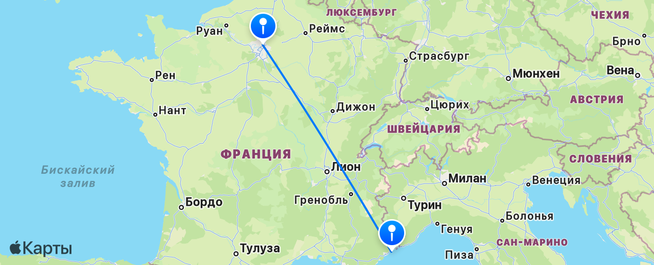 Карта перелёта Париж — Ницца