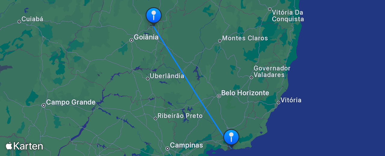 Karte des Flugs von Rio de Janeiro nach Brasília