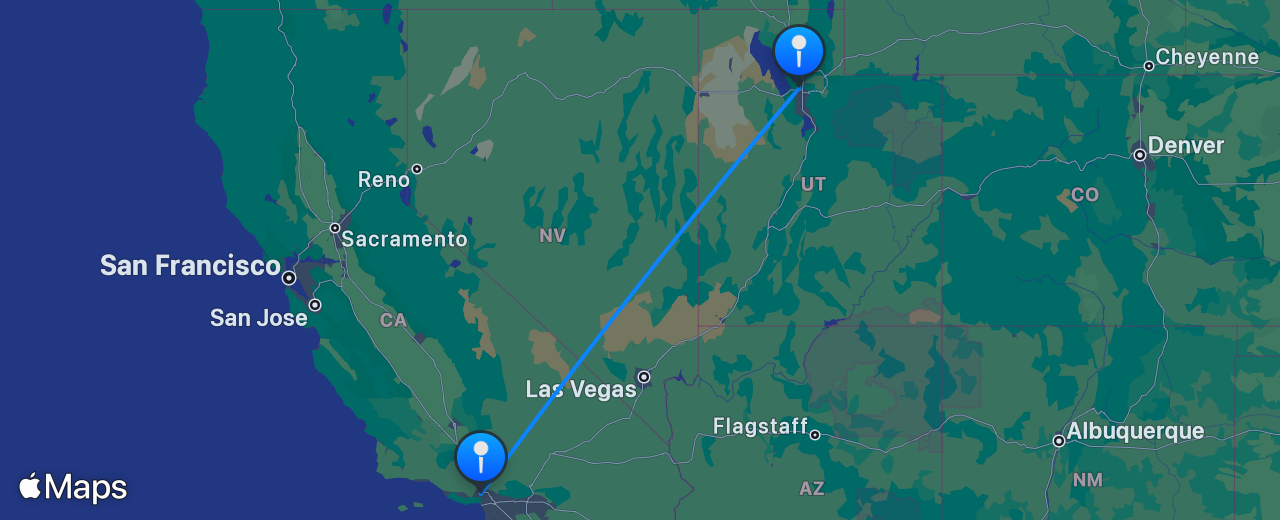 Map of the flight from Los Angeles to Salt Lake City