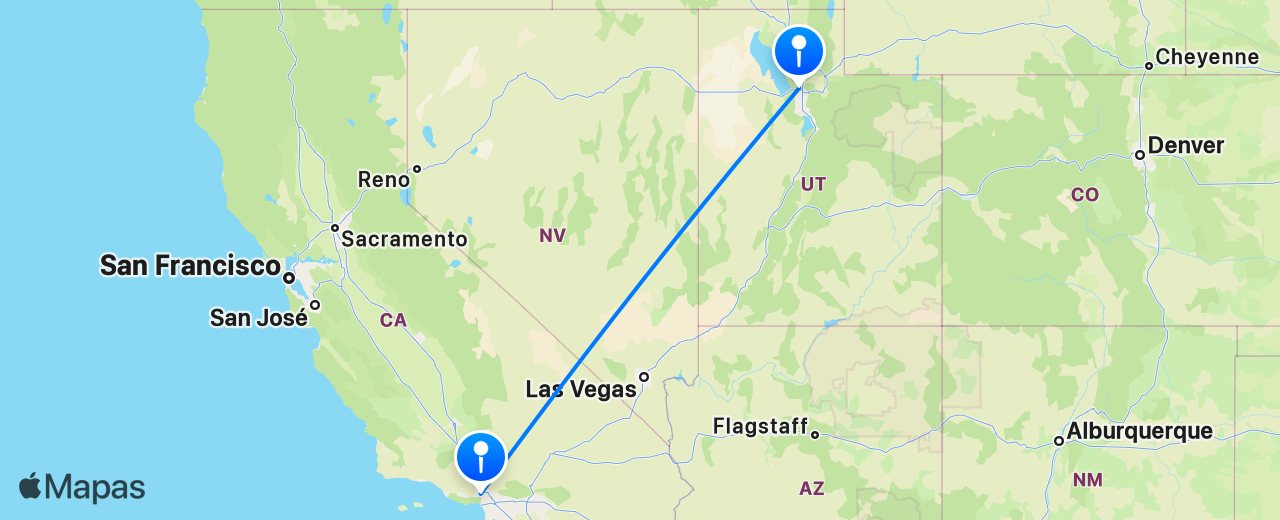 Mapa del vuelo de Los Angeles a Salt Lake City