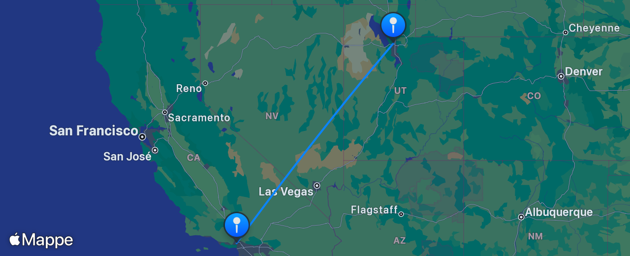 Mappa del volo da Los Angeles a Salt Lake City