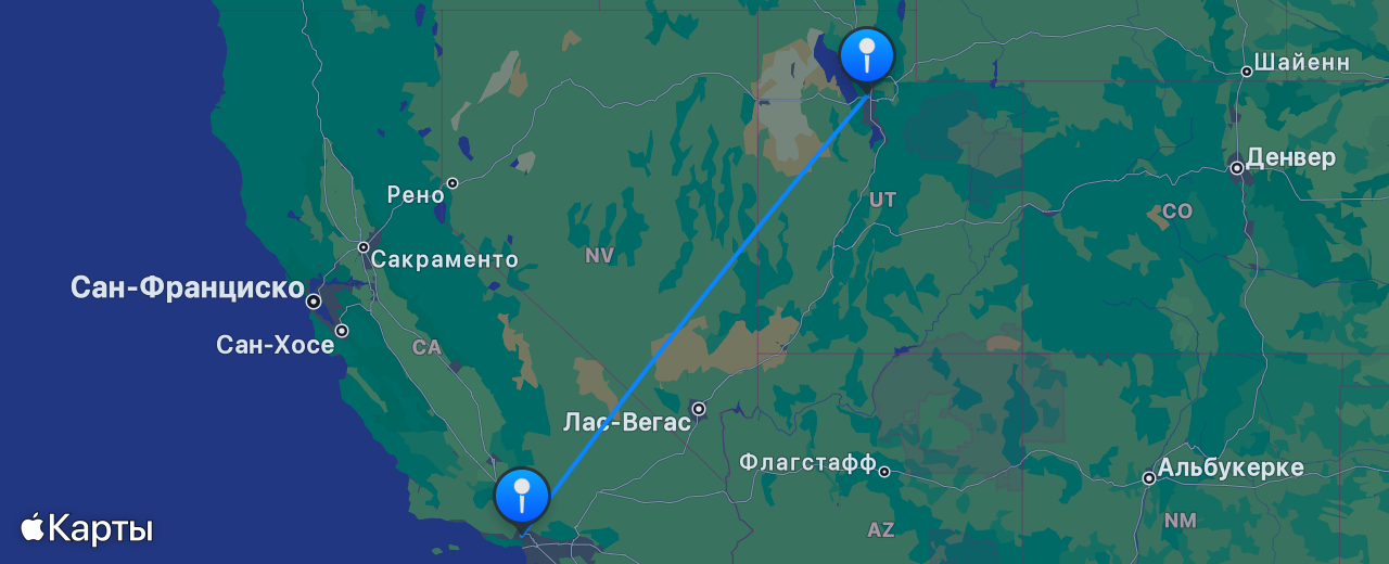 Карта перелёта Лос-Анджелес — Солт-Лейк-Сити
