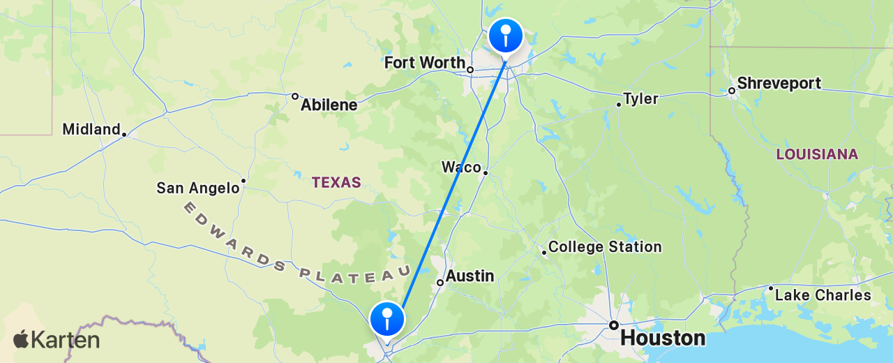 Karte des Flugs von Dallas nach San Antonio